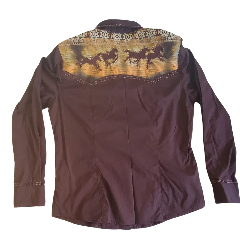 Vintage Brown Reba Beaded Western Rodeo Horses Button Down Long Sleeve Shirt Med - Picture 2 of 12